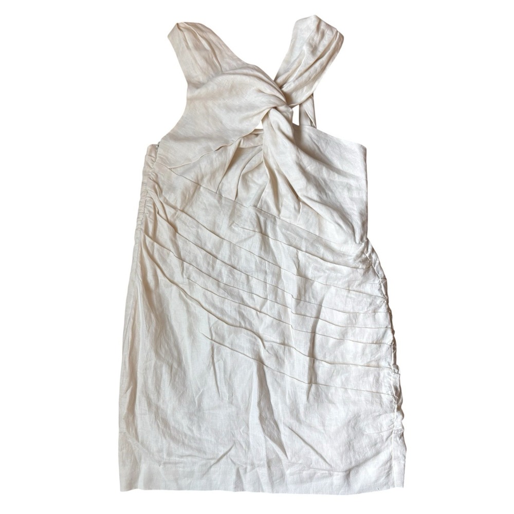 NWT H&M Studio Asymmetric Linen Mini Dress Cream Twisted Shoulder Pleated Sz L